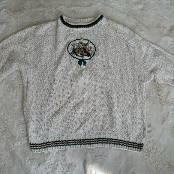 Vintage knit cream colored Fawn/ baby deer sweater - Picture 2 of 13